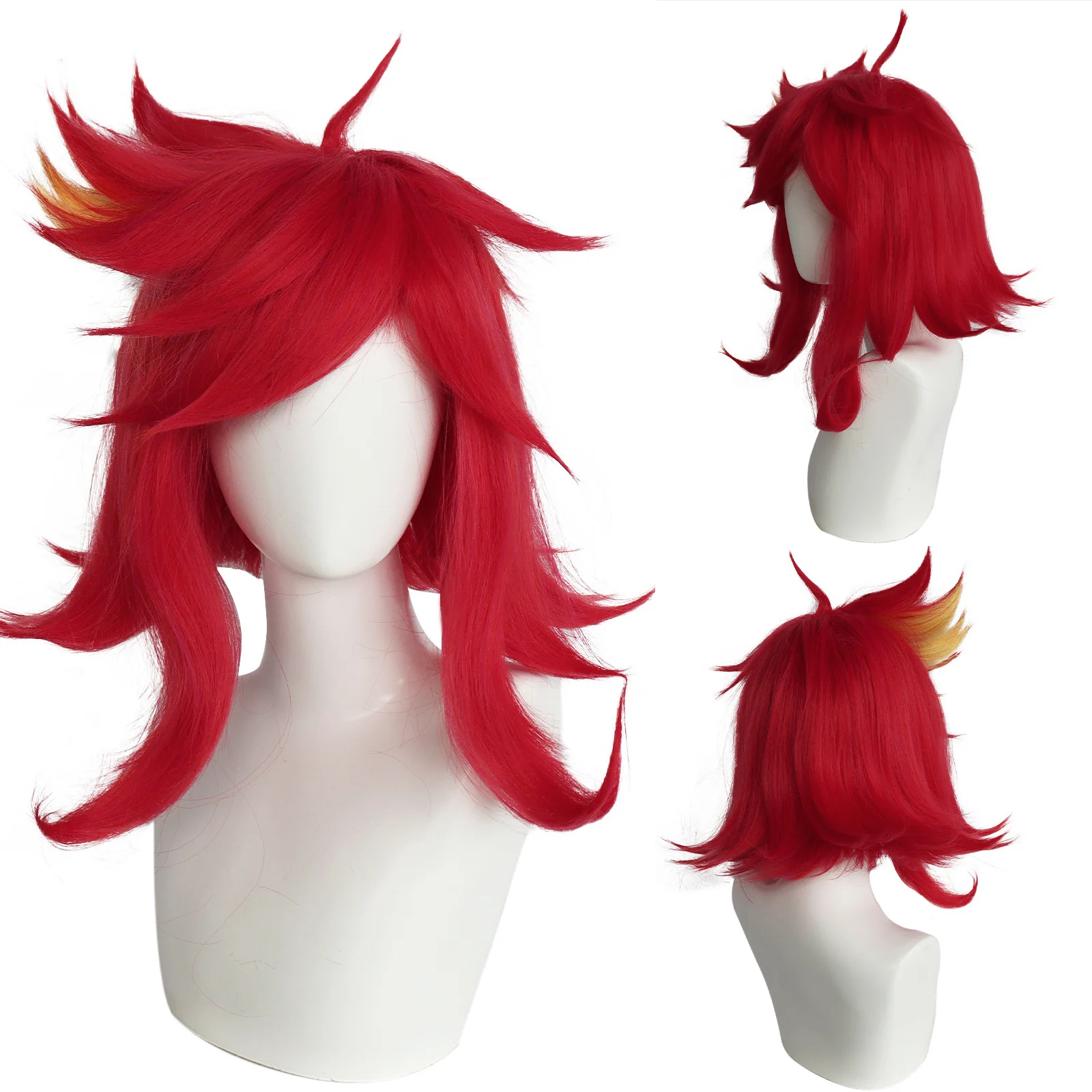 วิกผมอนิเมะนิฟตี้คอสเพลย์วิกผมสั้นวิกผมสีแดงกลางสีเหลืองสำหรับปาร์ตี้เทศกาลฮาโลวีน
