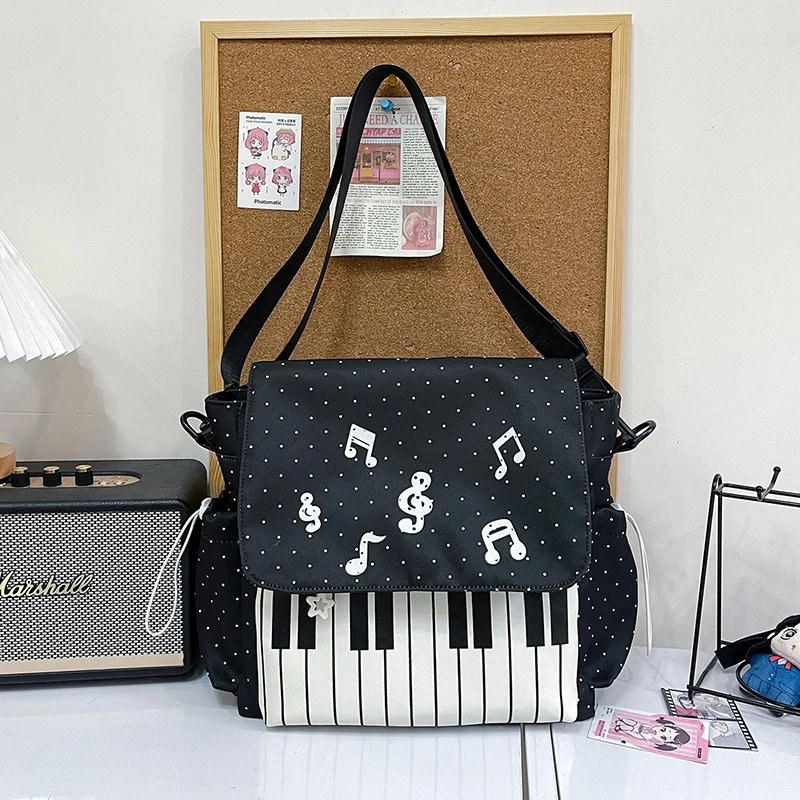 

Piano Keyboard Print Messenger Bag With Musical Note Decor Versatile Crossbody Backpack Students Lightweight Durable Zipper Bag