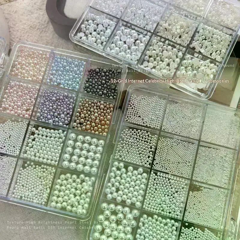 12 Grids Mixed Pearl Nail Art Decorations Flat Bottom Nail Charms 3D DIY Nail Art Rhinestones Manicure Accessory