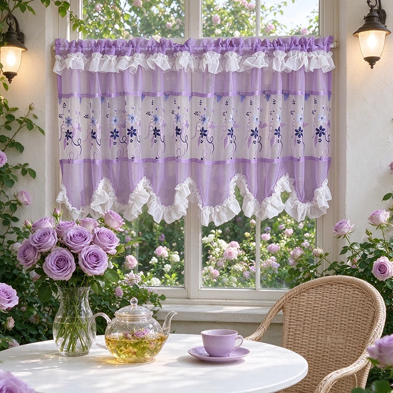1pc French Terylene Lilac Embroidered Cafe Curtain, Purple Blue Botanical Spliced Sheer, Ruffled Scalloped Rod Pocket Valance