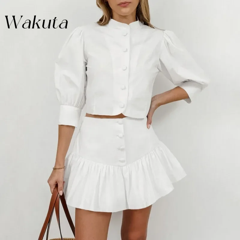 

WAKUTA American Retro Stand-up Collar Five-quarter Sleeve Cotton Linen Tanks Slim High-waisted Skirt Fashion Casual Skirt Suit