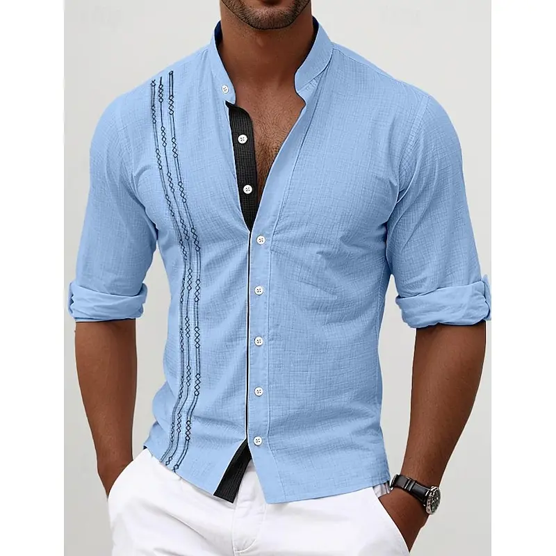 Men\'s new fashionable spring and autumn season long sleeved shirt with single-sided striped printed pattern for casual wear