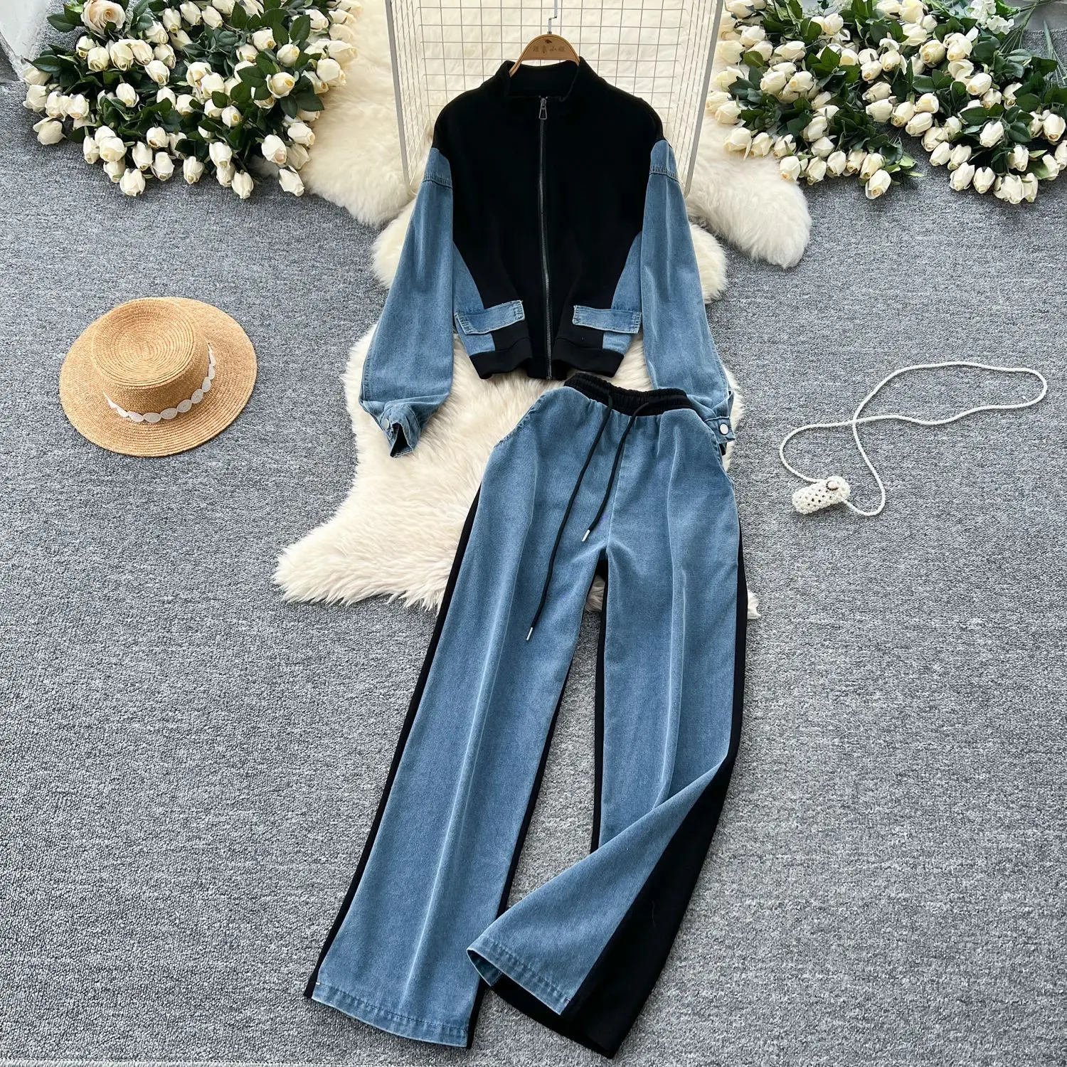 Pant Set Women Two Piece Sets Denim Stand Collar Matching Sets Casual Loose Tops Wide Leg Long Pants Lace Up Y2k Streetwear