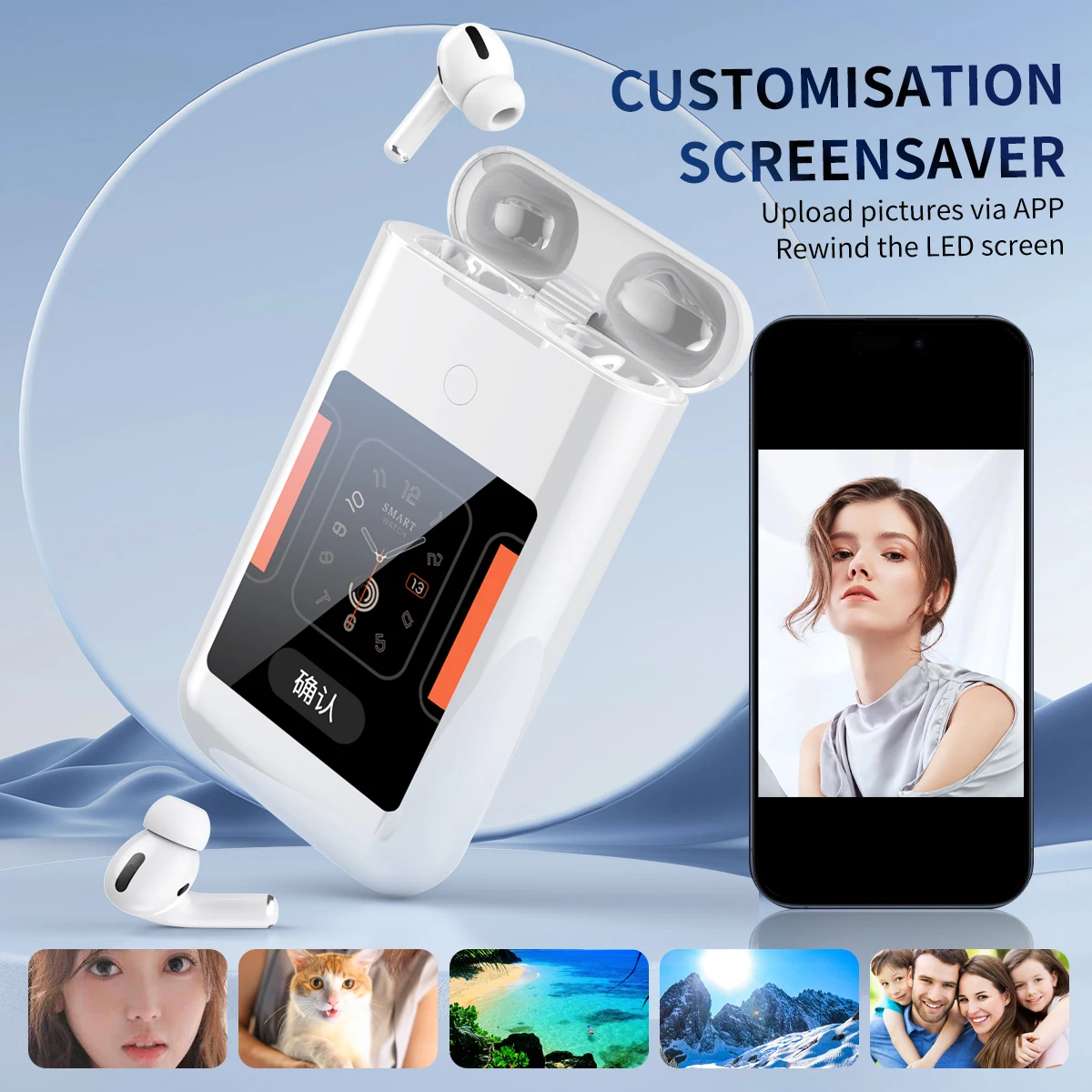 

New HiFi Stereo In-Ear Wireless Bluetooth Earphones+ Flashlight+Power Bank 5000mAh Large Screen Touch Screen APP Control Earbuds