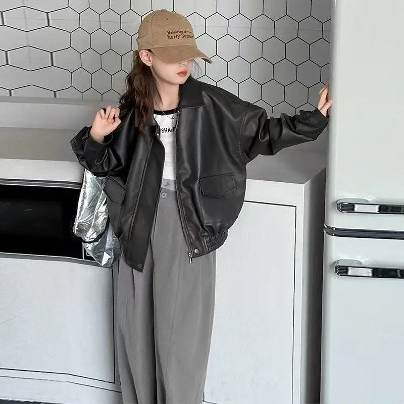 

Kids Girls' Outerwear Spring and Autumn 2026 New Style Children's Retro and Stylish PU Leather Jacket