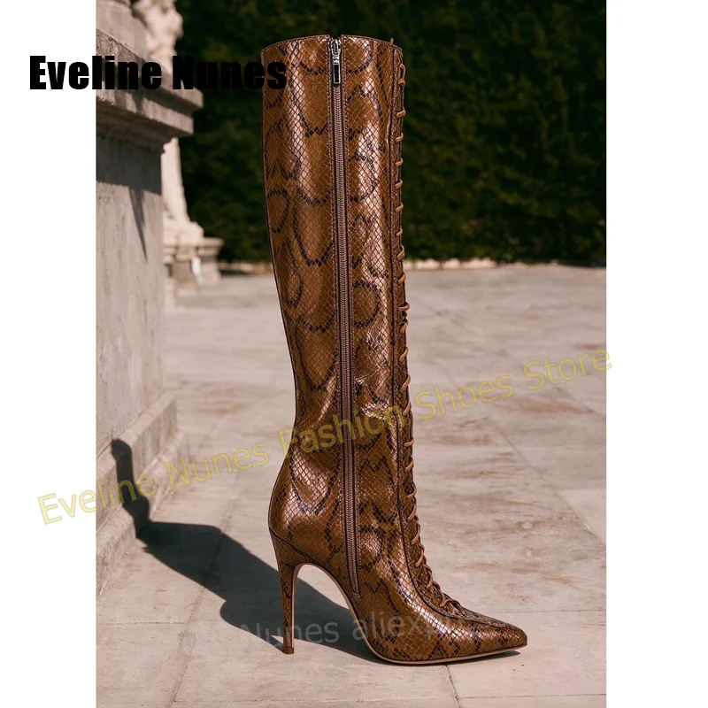 Women Brown Snake Print Knee High Boots Pointed Toe Lace Up Stiletto Long Boots Side Zipper Western Cowgirl Boots Party Trend