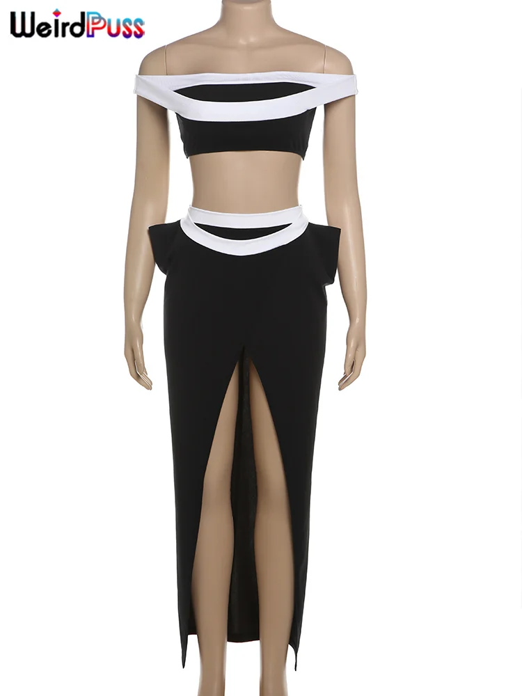 Weird Puss White Edging Sexy 2 Piece Set Y2K Summer Trend Slash Neck Crop Tops+Horn Split Long Skirts Matching Midnight Clubwear