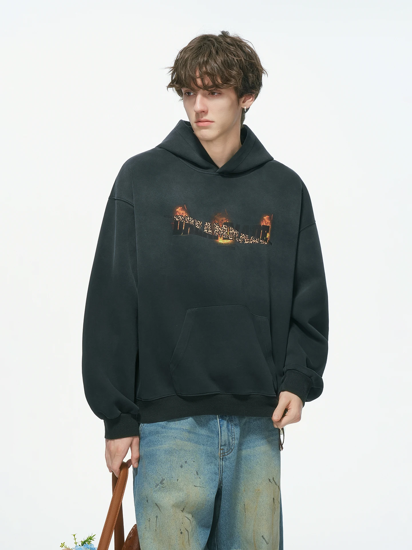 Dream Made American Design Flame Print Hoodie Men's Spring Autumn Heavyweight Washed Outerwear Casual Long Sleeve Sweatshirt