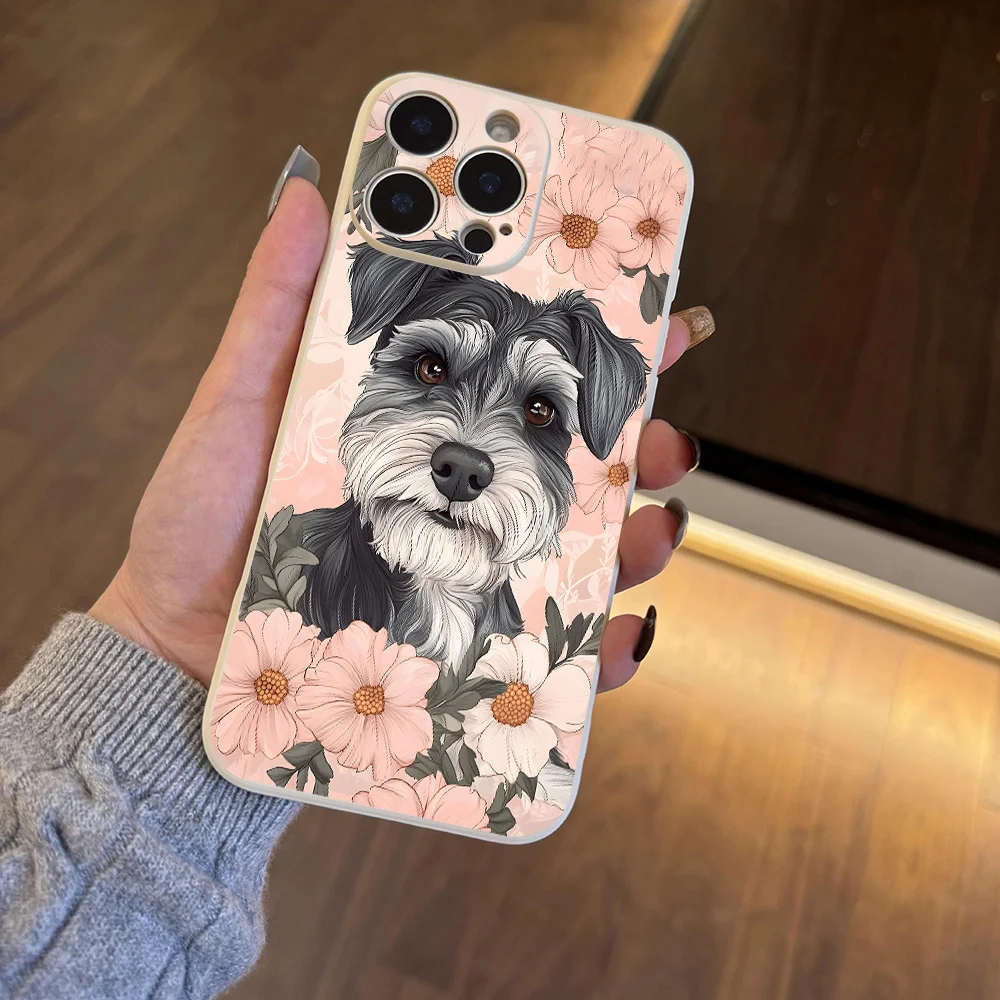 Funda de teléfono de moda estética con perro Schnauzer Floral bonito para iPhone 17 a 11 Pro Max Plus regalo de cumpleaños Schnauzer para mujer