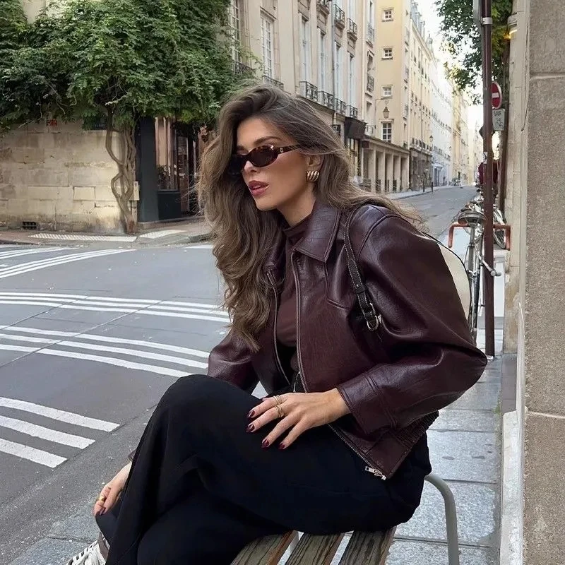 Veste en cuir pour femme printemps-automne 2026, nouvelle veste courte en cuir PU rétro bordeaux pour femme, veste décontractée à revers pour femme, veste en cuir