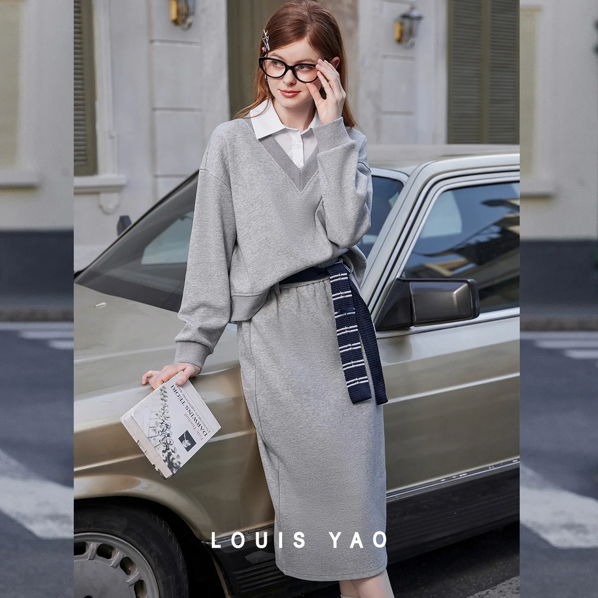 LOUIS YAO Casual Women's Set 2026 Spring Color-block Belt Patchwork Collared Hoodie & Skirt Fake Two-piece Outfit for Women