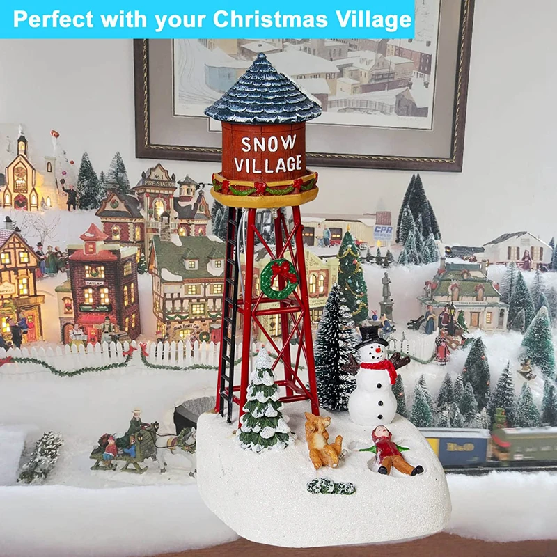 Chrsitmas Villages Characters Accessories Collectible Watertower Figurine Snow Village Puppy Playing with Kids Scene Light Up