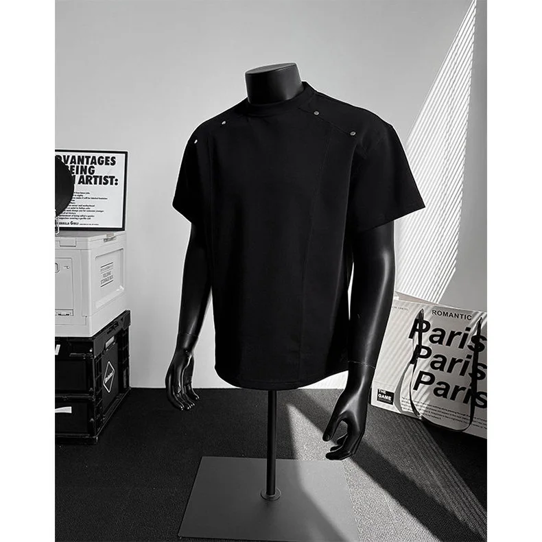 2026 Summer Men's Rivet-structured Patchwork Cotton Short-Sleeved Shirt T-Shirt