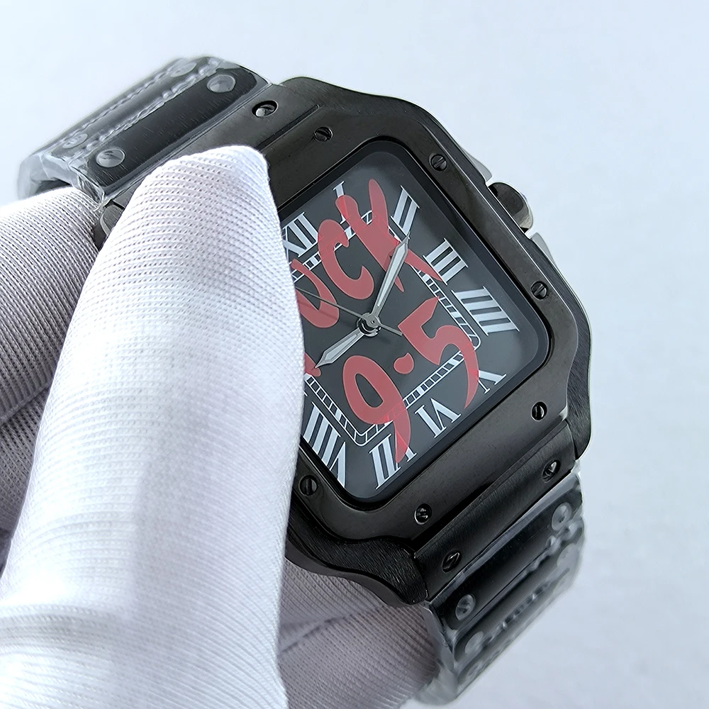 NH35 квадратные часы Roma, мужские автоматические черные часы, корпус, складной браслет с пряжкой, NH35 NH36, часы с механизмом