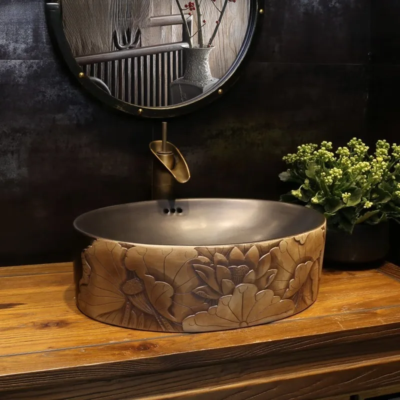 Carved lotus flower antique art stage basin, Jingdezhen ceramic washbasin, creative Chinese retro washbasin