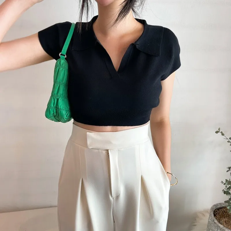 Women Solid Turn-down Collar Casual Slim Exposed Navel Knitted Short Sleeve T-Shirt Crop Top