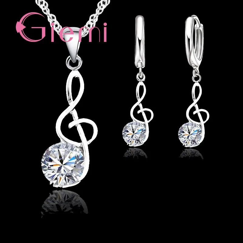 Charm 925 Sterling Silver Musical Note Shape Crystal Zircon Necklace Earrings Set for Women Girls Anniversary Party Jewelry Gift