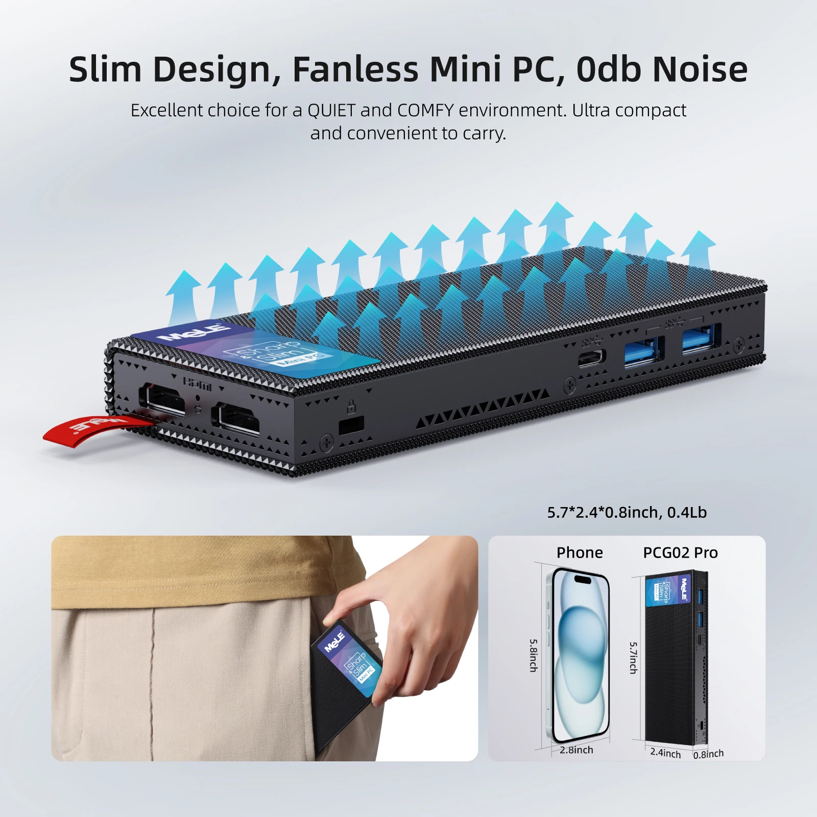 MeLE Fanless Stick PC 12th N100 8GB/256GB, Mini Computer Stick Dual HDMI 4K 4266MHz LPDDR4 WiFi5 Gigabit Ethernet USB Type-C PD3.0 Slim PC em escritório comercial Industrial IOT Media Home