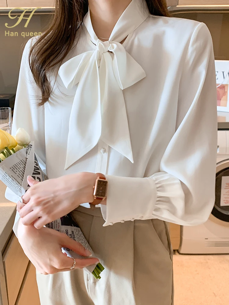 H Han Queen New Arrival Shirt Womens Blouse Vintage Work Casual Tops Chiffon Blouse Bow Elegant Loose Women Business Shirts 2021