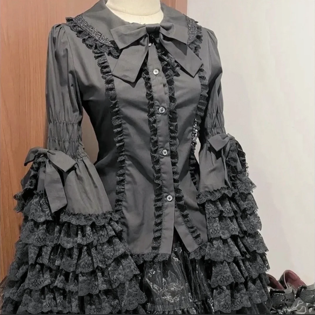 SOIOIMES Dark Style Lace Lolita Flared Sleeve Blouse Gothic Style Peter Pan Collar Long Sleeved Lolita Top Autumn