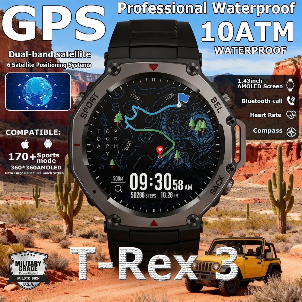 

T-Rex 3 Ultra GPS Smart Watch 10ATM Waterproof Built-in Dual-band GNSS Compass Military 170+ Sport Smartwatch Men 2025 New Watch