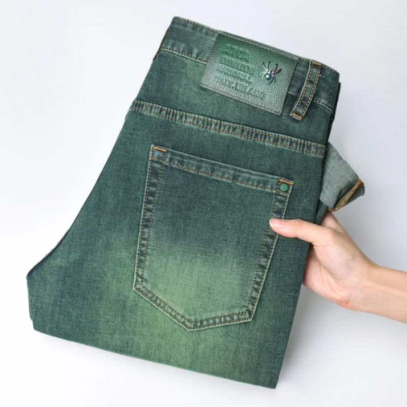 Betaalbare Luxe Mode Jeans Heren Stretch Casual Business All-Match Slim Fit Voeten High-End Groen Gewassen Broek