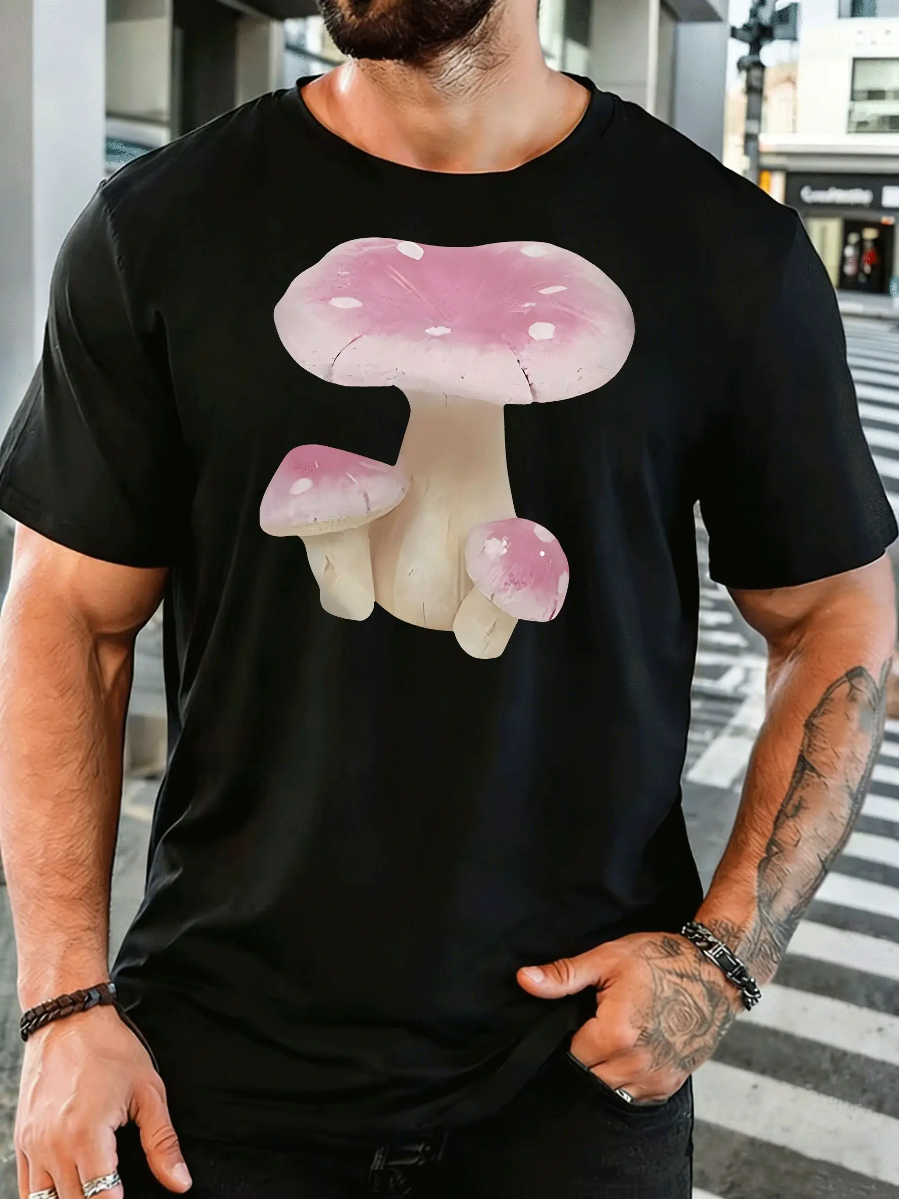 Pink Spotted Mushroom Nature Art Mens Print T Shirt Cute Fungi Graphic Tee Casual Short Sleeve Top Botanical Nature Lover Gift