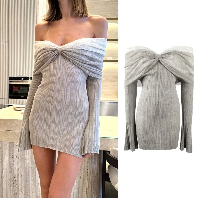 

2024 New Autumn One-shoulder Knitted Dress Off-shoulder Slim Skirt Feminine Sexy Sexy Waist Slimming Hip Skirt