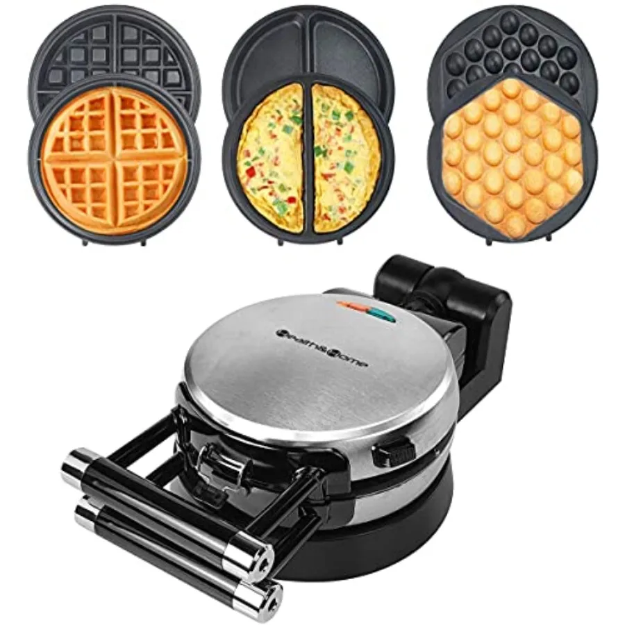 

3-in-1 Waffle Omelet Egg Waffle Maker 3 Removable Nonstick Baking Plates Upgraded 360 Rotating Belgian Maker