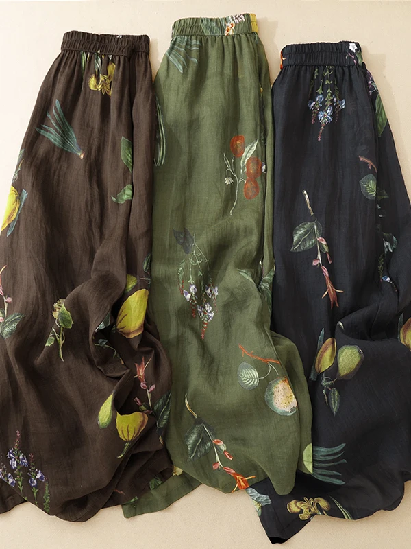 Ladies Vintage Print Wide Leg Pants Double Layer Loose Fitting Casual High Waist Elastic Straight Cut Summer New Style