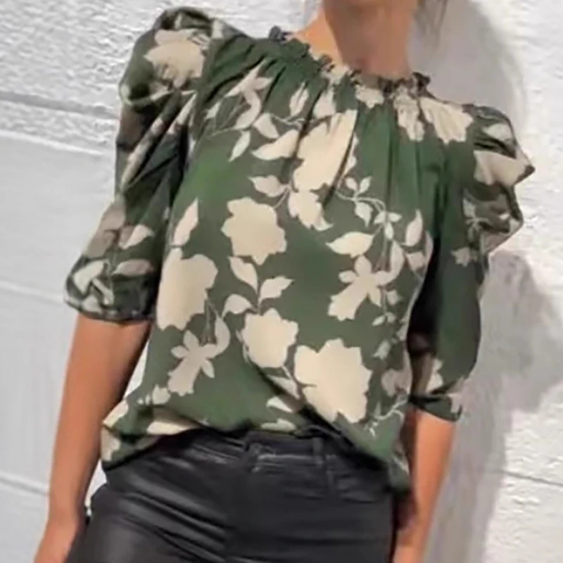 

Vintage Floral Print Streetwear Blouse Woman Elegant O Neck Ruffle Button Top Pullover Autumn Puff Half Sleeve Loose Shirt Mujer
