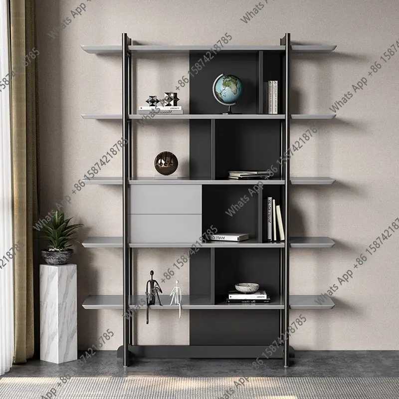 AItalian Stainless Steel Bookshelf Shelf Floor-to-ceiling Living Room Simple Study Bookcase Household Wall Office Storage Rack