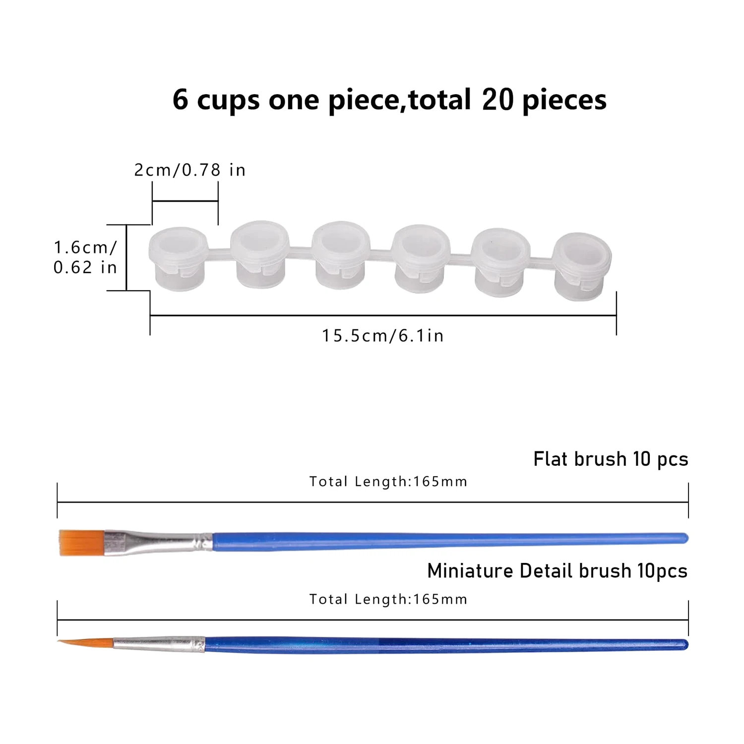 20 tiras 120 potes tiras de tinta vazias e 20 peças de pincéis, copo de pintura recipientes de armazenamento de plástico transparente, 3ml/0.17oz
