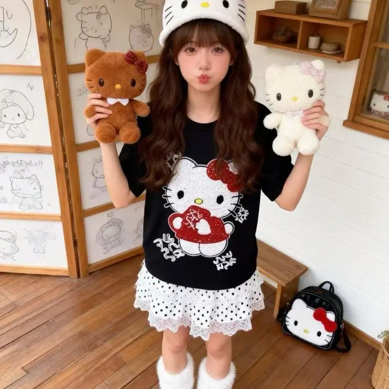 Cute Short-Sleeved Hello Kitty Summer New Style Cartoon Sequined Towel Embroidered T-Shirt for Women Popular Tops Fashionabl view 6
