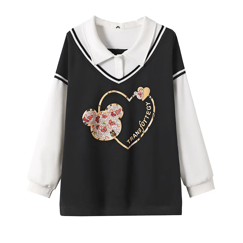 150Kg Plus Size Women's Bust 160 Autumn Loose College Style Patchwor Sweatshirt Poli Collar Top Black 6XL 7XL 8XL 9XL 10XL