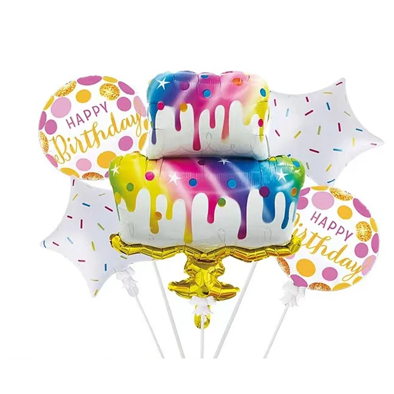 5pcs Happy Birthday Cake Balloon Set Children\'s Anniversary Party Decoration Aluminum Film Balloon Rainbow Candle Cake Set