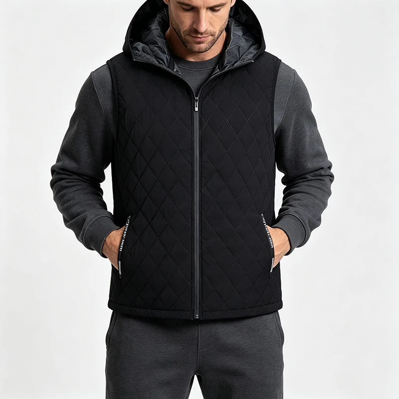 Mens Winter Vest Jacket Windproof Thickened Hooded Padded Jacket Casual Diamond Pattern Warm Quilted Vest Solid Outdoor Wear