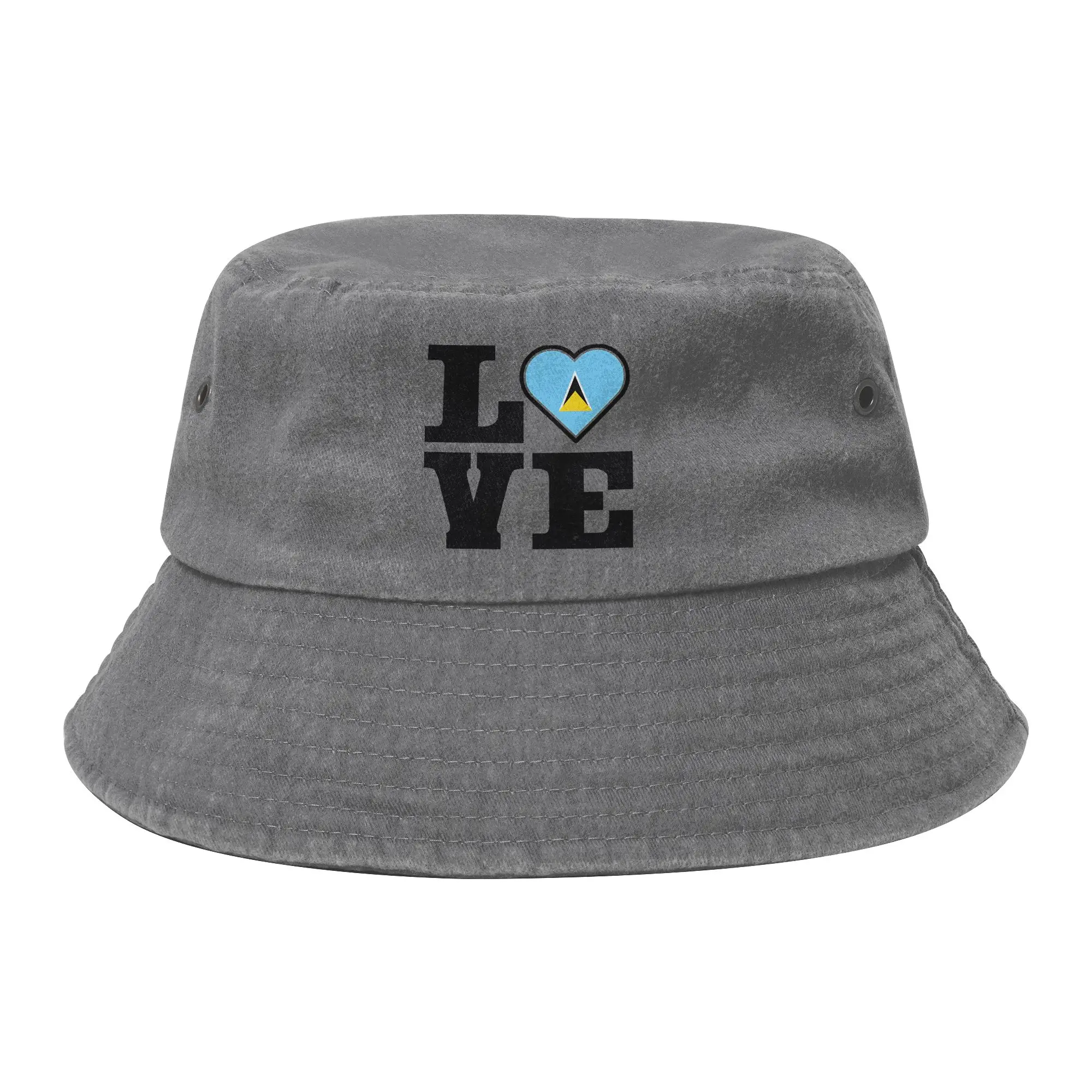 I Love Saint Lucia Flag Bucket Hat für Teenager, Distressed Denim Field Hat für den Urlaub, Anglerhut, Getaway Headwear