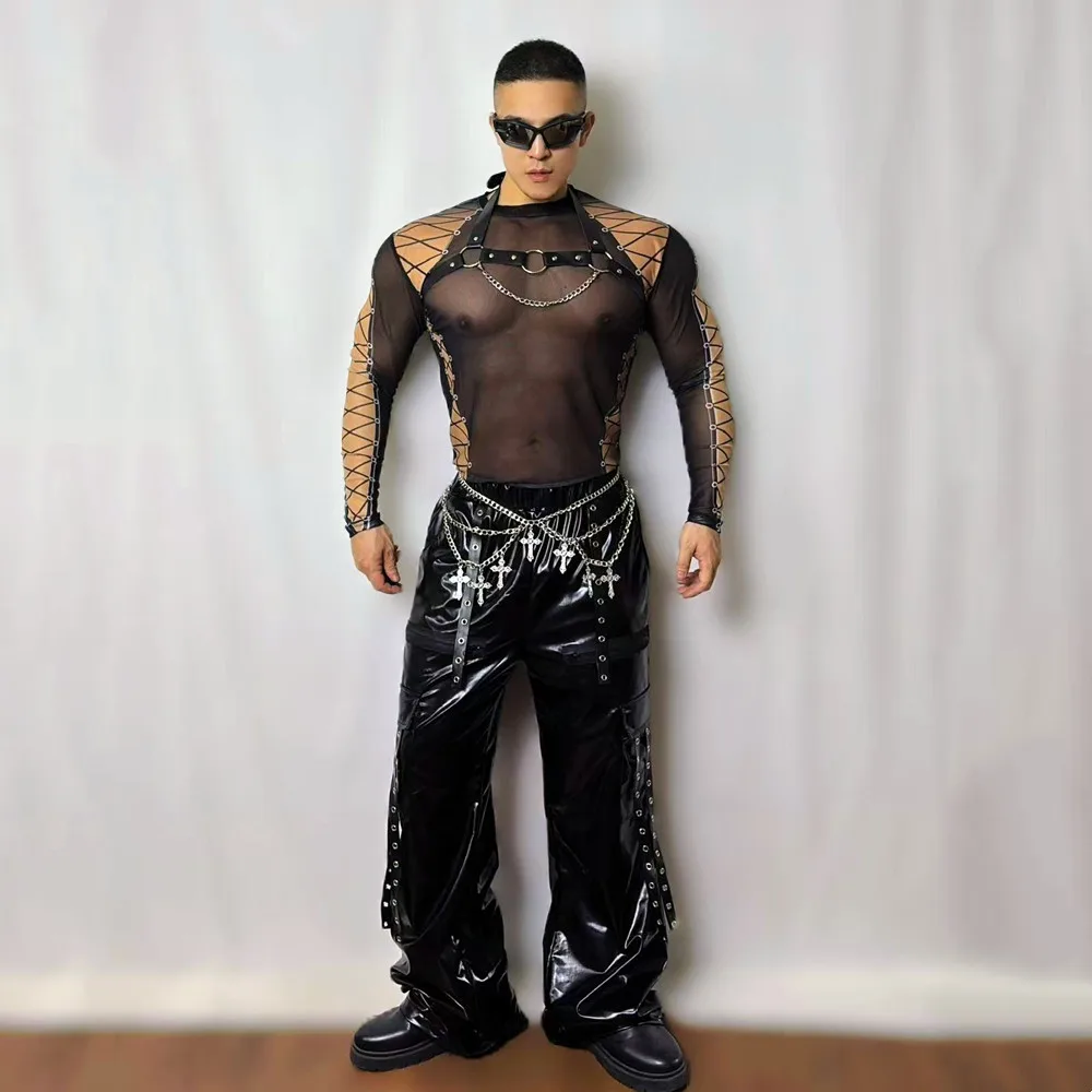 tenue-de-danse-jazz-pour-hommes-t-shirt-transparent-ensemble-pantalon-a-jambes-larges-en-cuir-noir-pour-discotheque-bar-chanteur-costume-de-spectacle-sur-scene