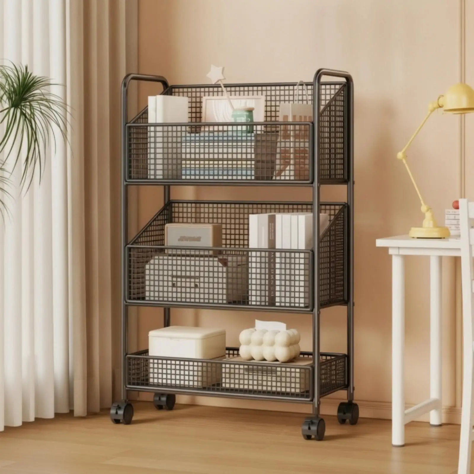 Wire Storage Basket Unit Space-Saving Slim Vertical Storage Cart with Handles Three-Tier Rolling Cart with Wire Baskets Compact