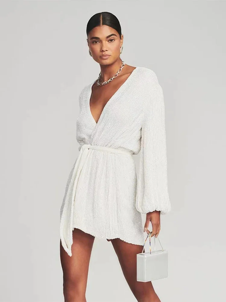 Sequin Lantern Sleeve Cross Neck Dress Women 2022 Female Summer V Neck Lace Sexy Robe Ladies Solid Party Fashion Streetwear