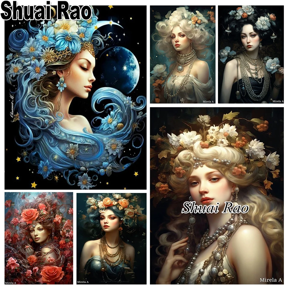 

New 2024 Diamond Painting Moon Flowers Woman Full Round Diamond Mosaic Europe Lady 5d Diy Puzzle Embroidery Picture Home Decor