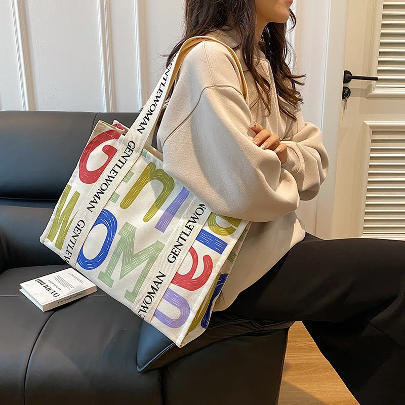 

New letter canvas bag for women's casual versatile shoulder bag, large capacity commuting the tote designer Underarm bag