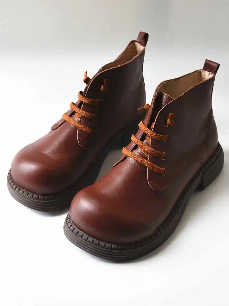 Birkuir Retro Thick Heel Women Ankle Boots Lace Up Leather Shoes 3.5cm Mid Heel Spring Shoes Genuine Leather Short Boots 41