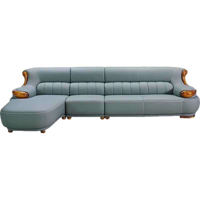 

Ebony leather sofa modern simple size living room villa straight row three solid wood furniture