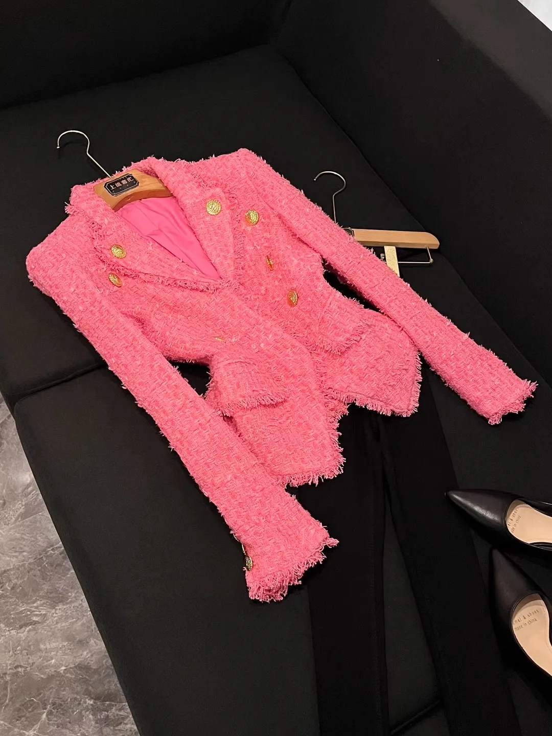 

Ele Faion Fringed Tailored Thi Tweed Suit Jaet Coat Woolen Coat A0539 Women's Casual Commute Sle ort S...