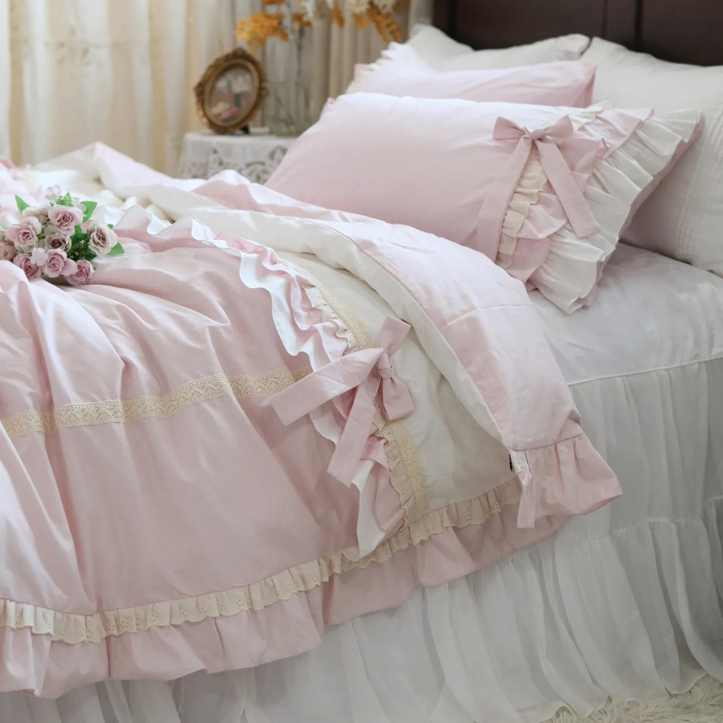 Romantic Ruffle Bedding Set, Lace Trim & Bow Detail Pink 4-Pc Cotton Sheet Set, Bedding for Girls Room,Princess Duvet Cover
