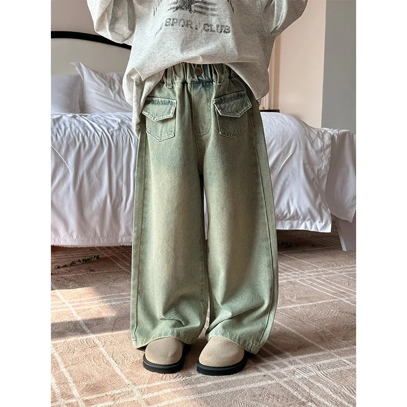 

2024 Autumn Children Girls Jeans Korean Versatile Retro Elastic Waist Baby Girl Denim Pant Loose Leisure Kid Girl Straight Pants