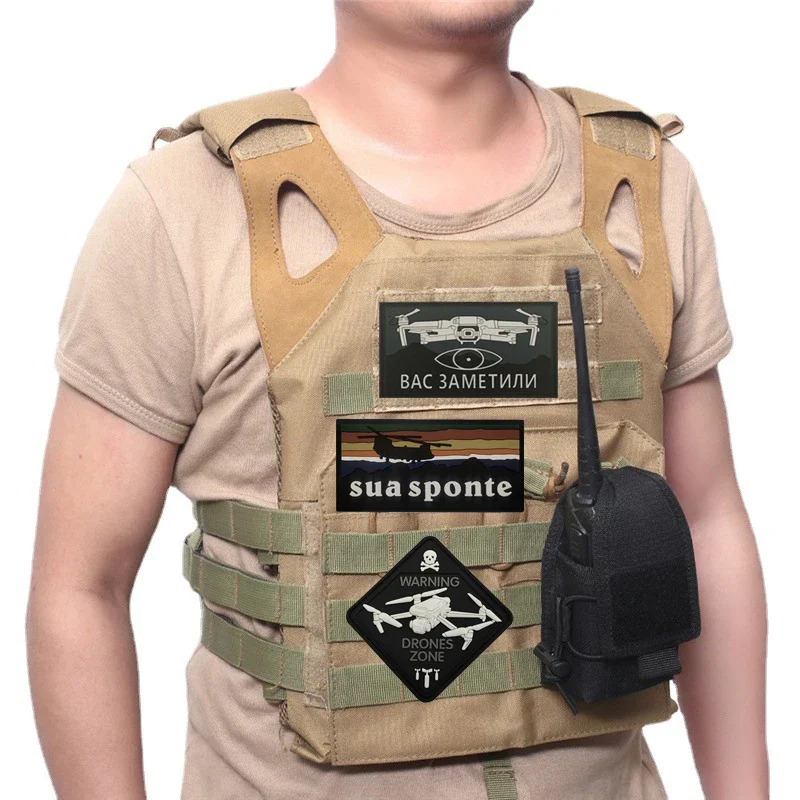 Tactical Bag Accessories WARNING DRONES ZONE 3D PVC Rubber Badge Laser Cut IR Glow Glow-in-the-dark Outdoor Backpack Patch