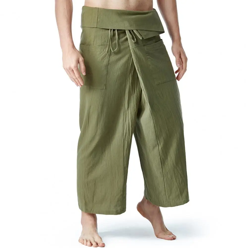 

Summer Fisherman Pants Drawstring Wide Legs Pockets Menswear Flax Casual Loose Men Martial Arts Trousers